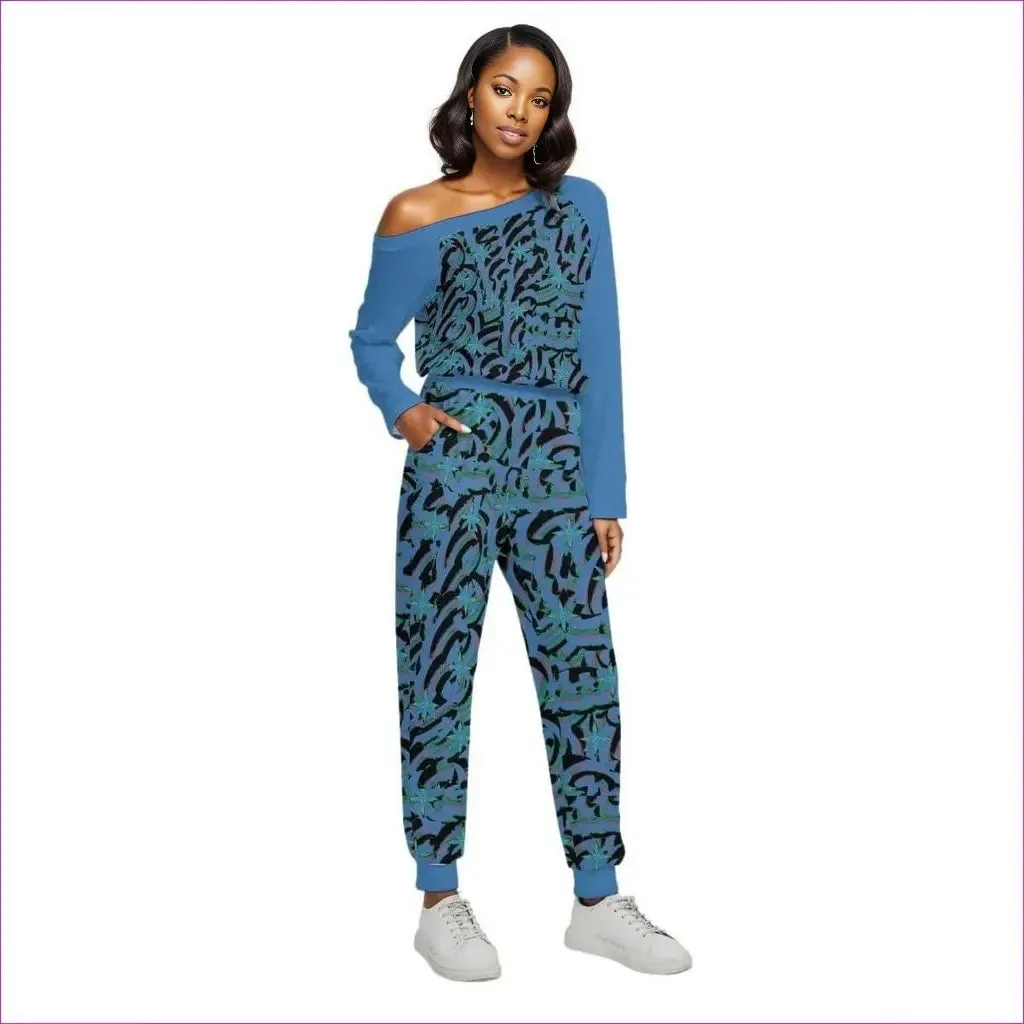 Abstract Blue Womens Off-Shoulder Jumpsuit