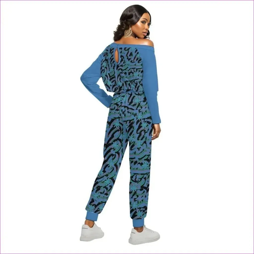 Abstract Blue Womens Off-Shoulder Jumpsuit