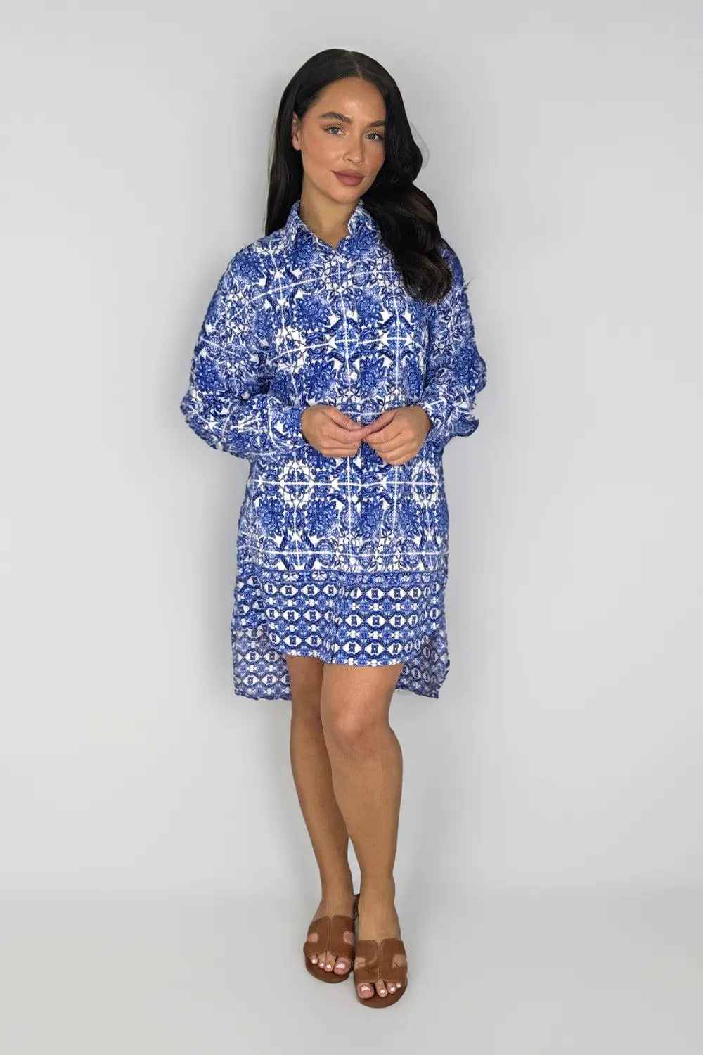 Abstract Floral Pattern Long Sleeve High Low Shirt Dress
