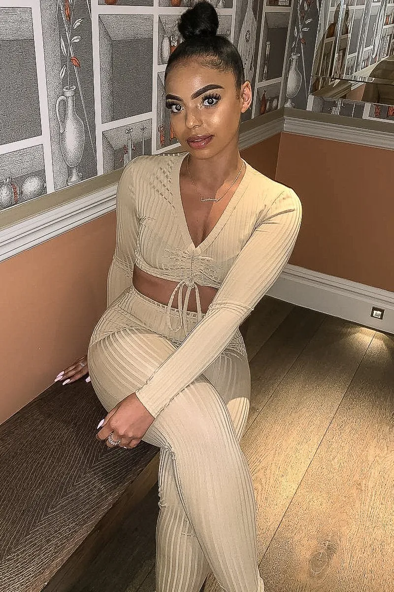 Beige Rib Ruched Front Crop Top Legging Loungewear Co-Ord - Victoria