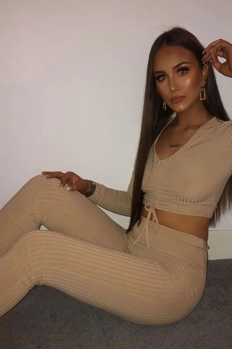 Beige Rib Ruched Front Crop Top Legging Loungewear Co-Ord - Victoria