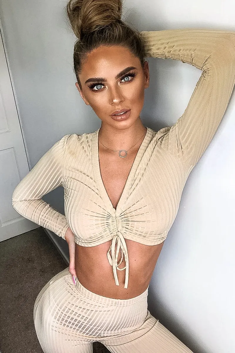 Beige Rib Ruched Front Crop Top Legging Loungewear Co-Ord - Victoria