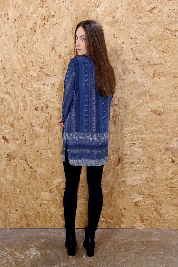 Blue Abstract Printed Panel Shirt Dress