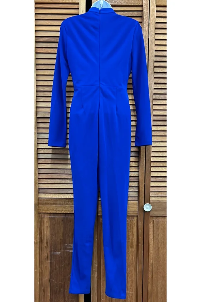 Blue pocket jumpsuit brass jeweled front