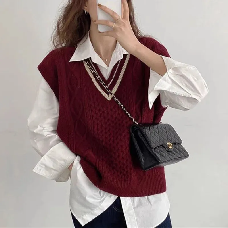 Bonnyshow  Vintage V-neck Knitted Cashmere Vest  for Women  Autumn New College Style Twists Sweater Waistcoat Sleeveless  Pullover Tops