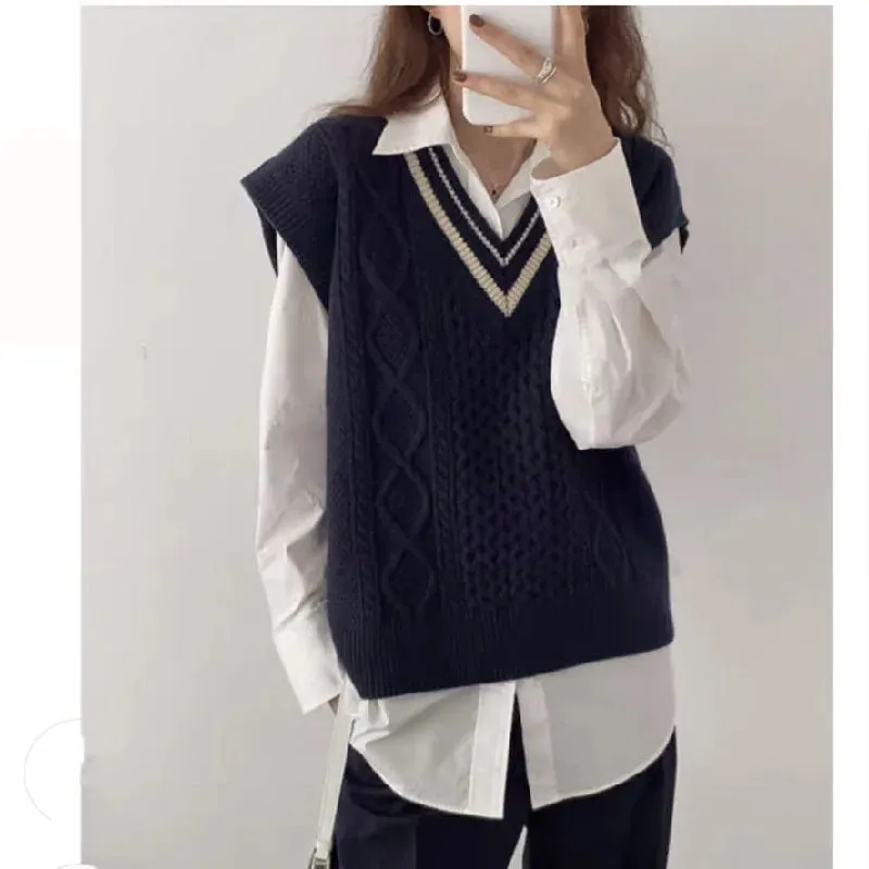 Bonnyshow  Vintage V-neck Knitted Cashmere Vest  for Women  Autumn New College Style Twists Sweater Waistcoat Sleeveless  Pullover Tops