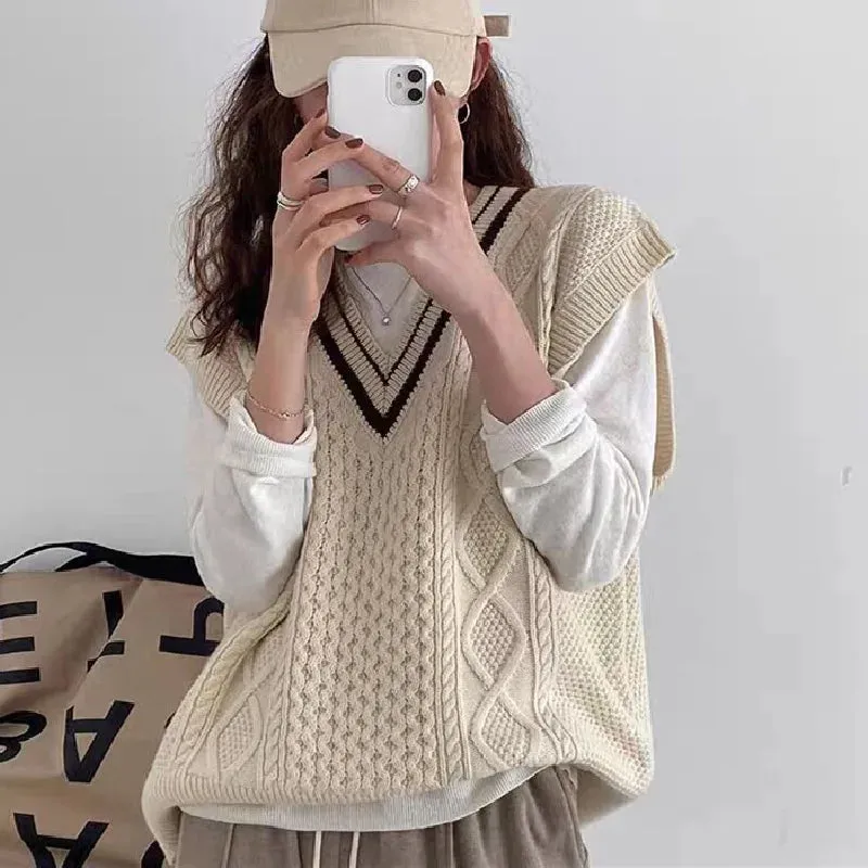 Bonnyshow  Vintage V-neck Knitted Cashmere Vest  for Women  Autumn New College Style Twists Sweater Waistcoat Sleeveless  Pullover Tops
