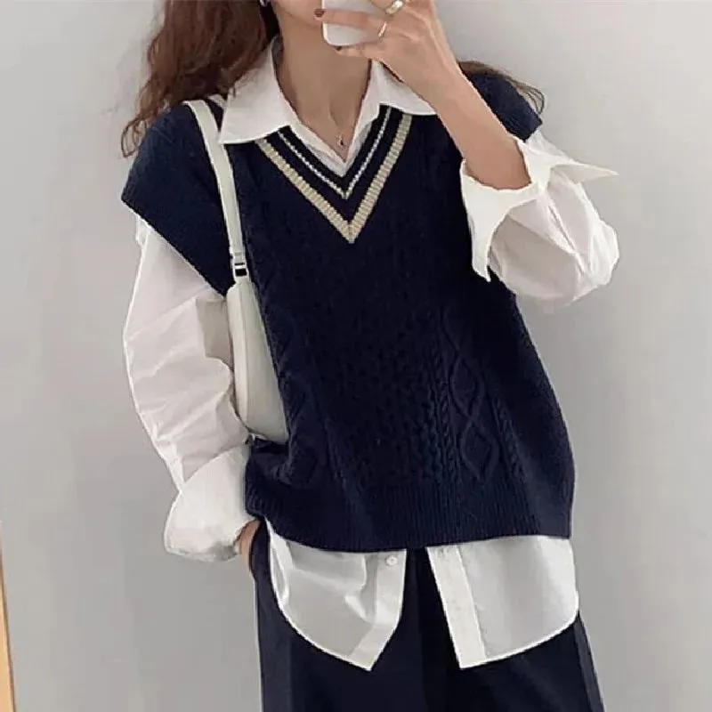 Bonnyshow  Vintage V-neck Knitted Cashmere Vest  for Women  Autumn New College Style Twists Sweater Waistcoat Sleeveless  Pullover Tops