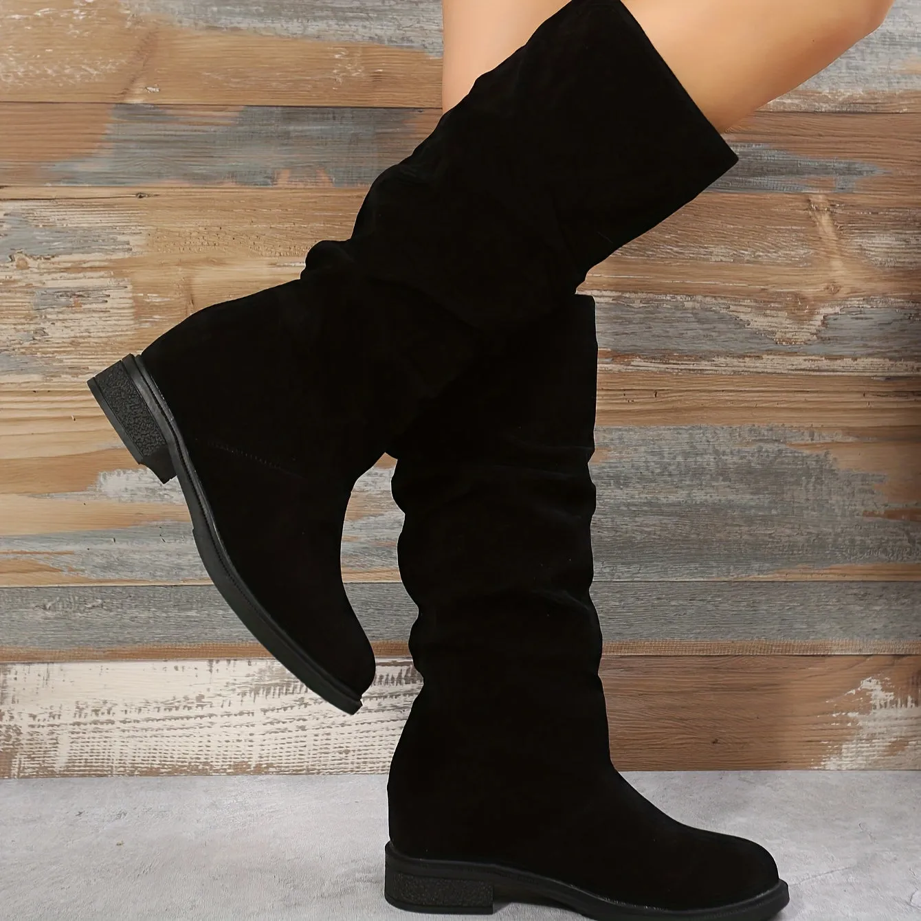 Comfy Chic Mid-Calf Boots - Knee-High Shoes for Women with Slip-On Design, Heightening, Solid Color, Winter Casual Style, and Soft Insoles for All-Day Comfort