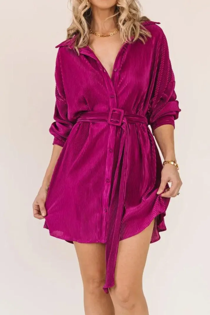 Glam Girl Magenta Plisse Belted Dress - Final Sale