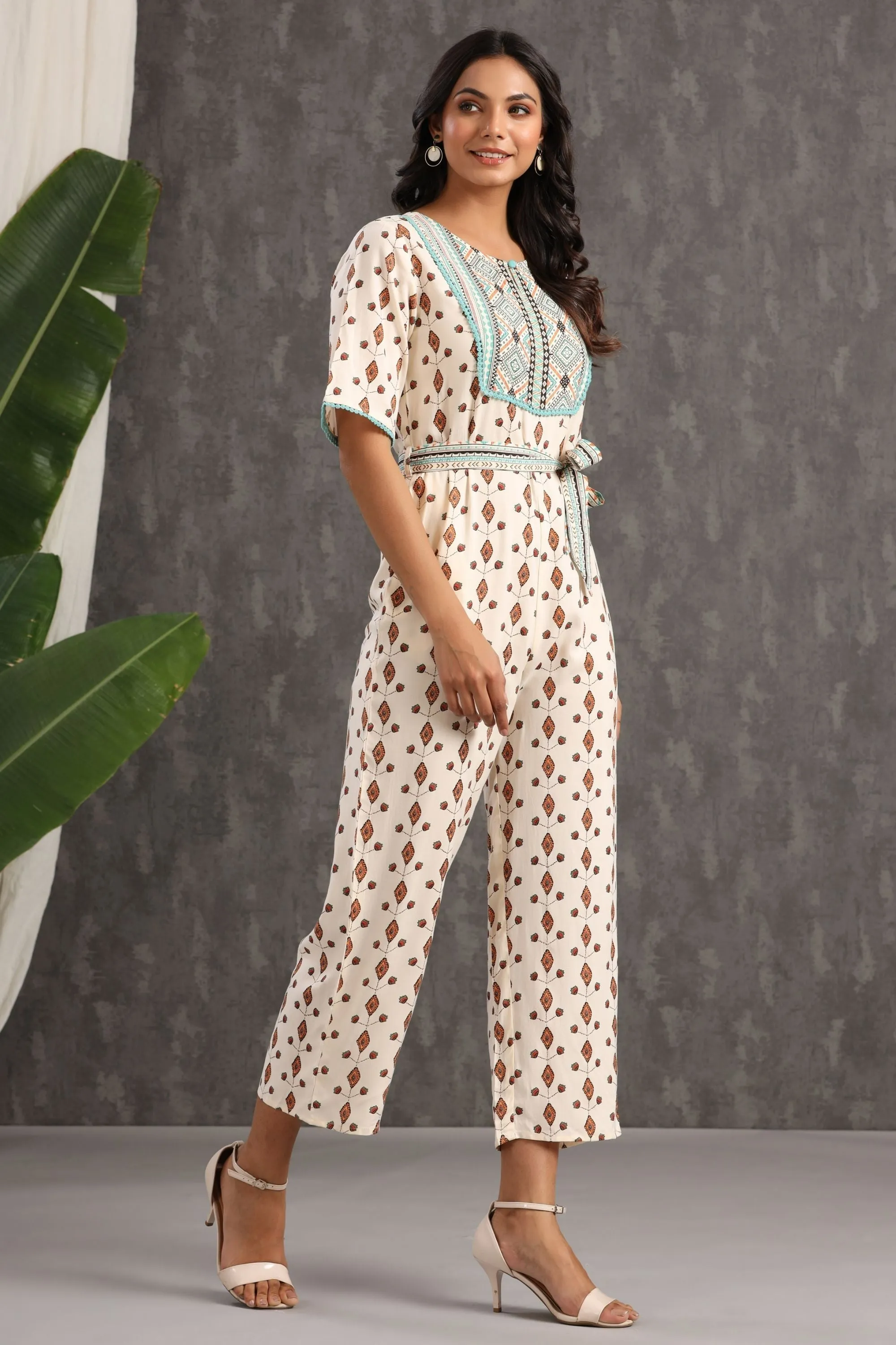 Jashvi Ivory Ethnic Motif Printed Rayon Jumpsuit With Zip