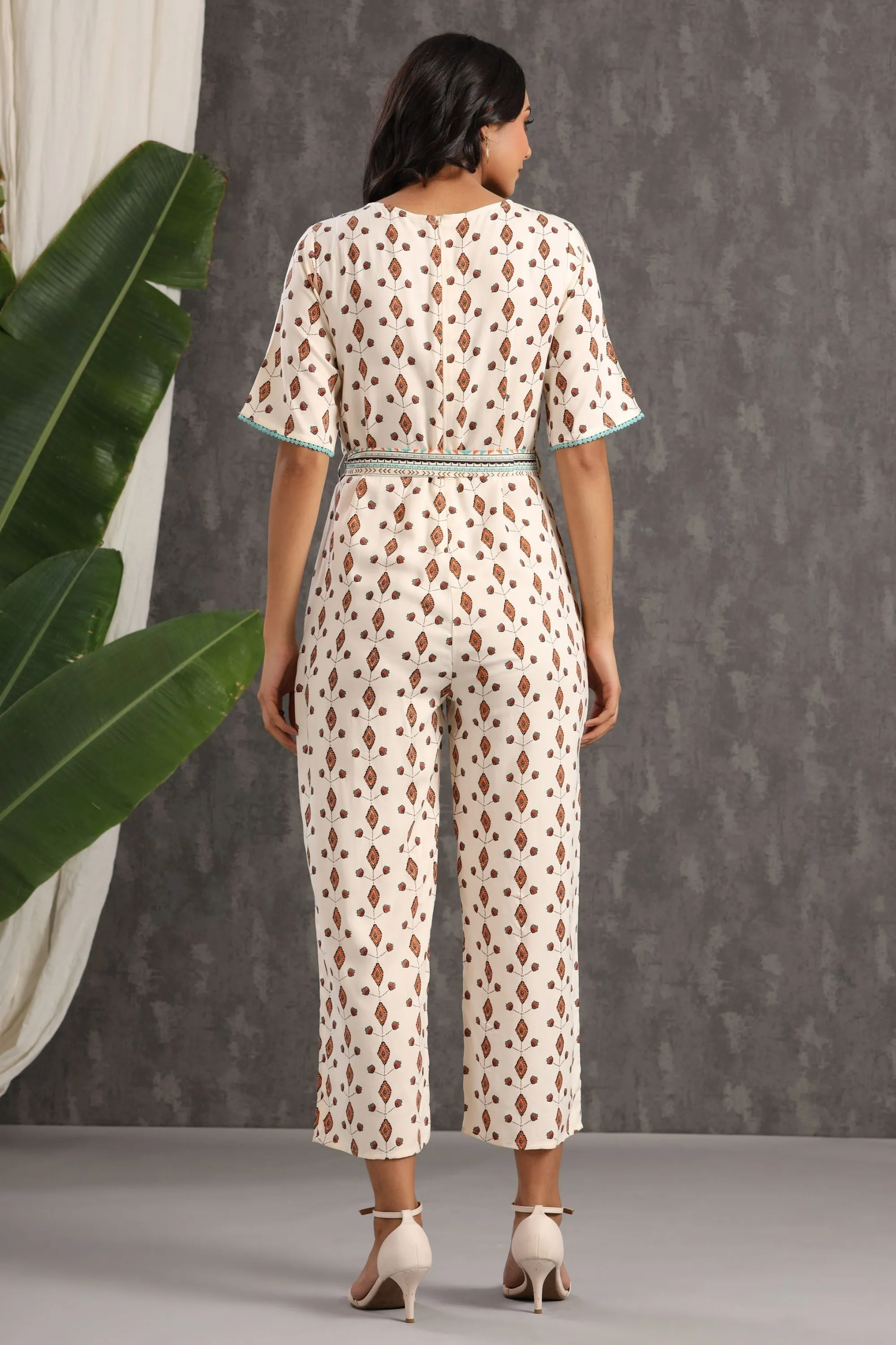 Jashvi Ivory Ethnic Motif Printed Rayon Jumpsuit With Zip