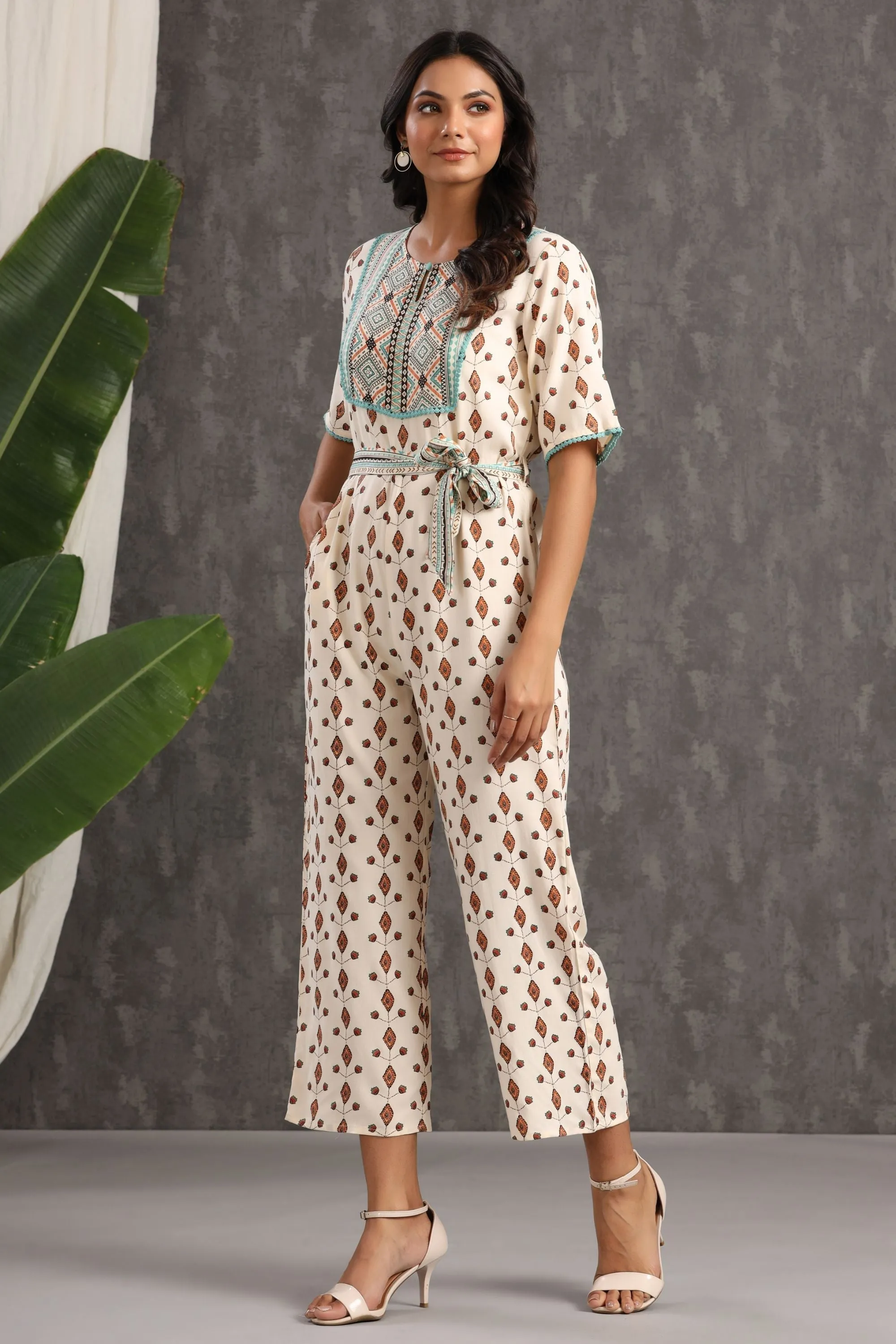 Jashvi Ivory Ethnic Motif Printed Rayon Jumpsuit With Zip