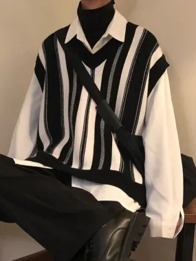 Knitted Sweaters for Men Y2k Vintage Waistcoat Man Clothes Striped Sleeveless Vest Aesthetic Black Korean Fashion Casual Cotton