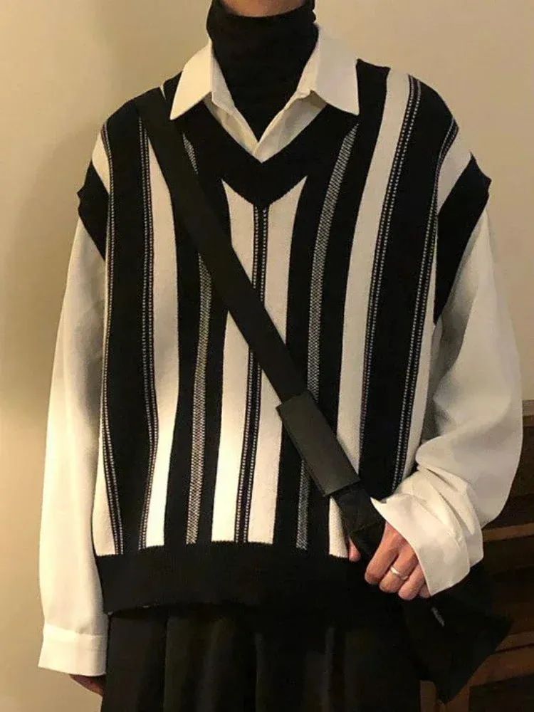 Knitted Sweaters for Men Y2k Vintage Waistcoat Man Clothes Striped Sleeveless Vest Aesthetic Black Korean Fashion Casual Cotton