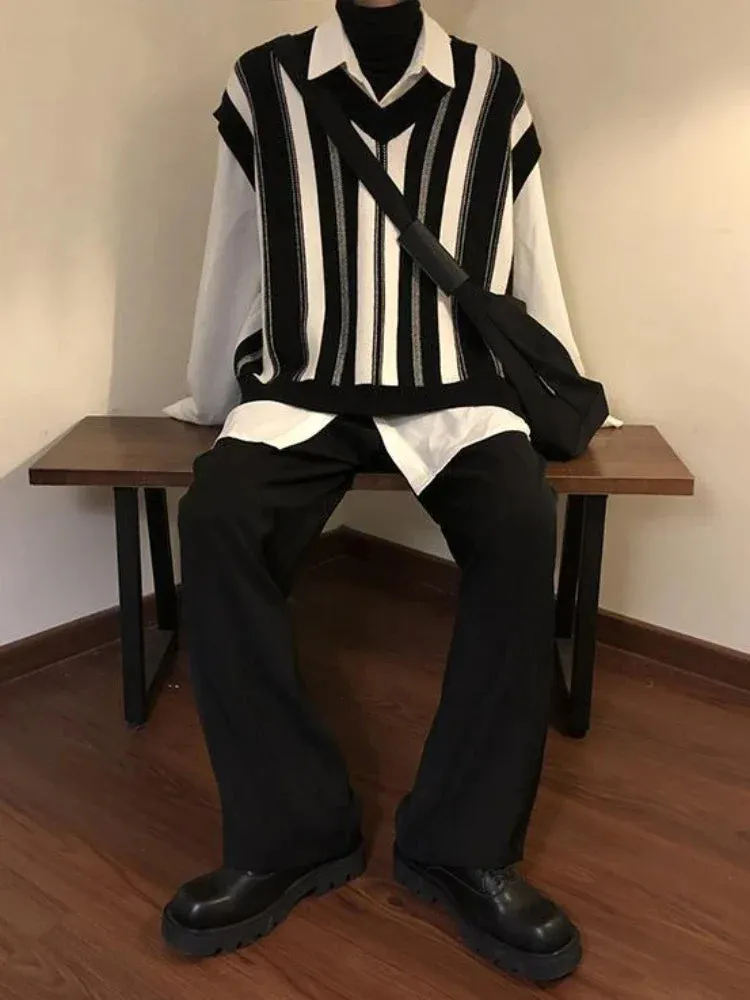 Knitted Sweaters for Men Y2k Vintage Waistcoat Man Clothes Striped Sleeveless Vest Aesthetic Black Korean Fashion Casual Cotton