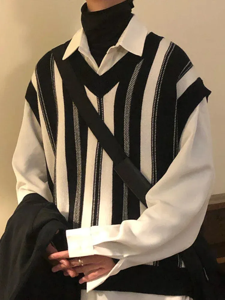 Knitted Sweaters for Men Y2k Vintage Waistcoat Man Clothes Striped Sleeveless Vest Aesthetic Black Korean Fashion Casual Cotton