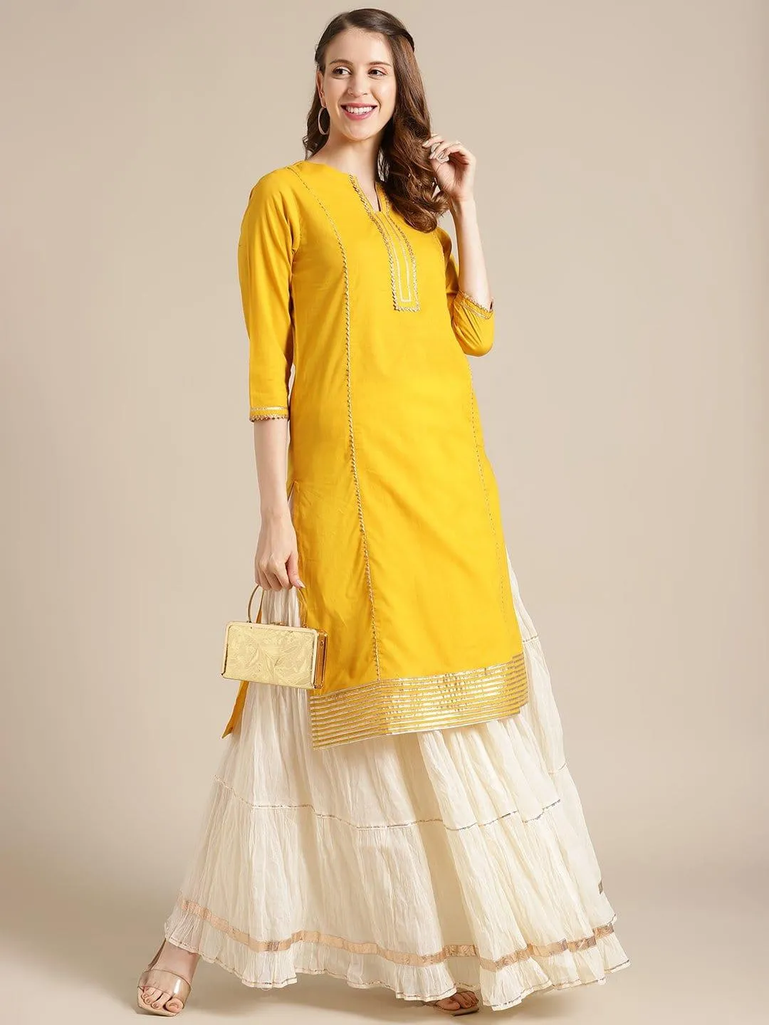 Mustard-Gota-Work-Kurta-With-Mulmul-Gota-Embellished-Tiered-Skirt