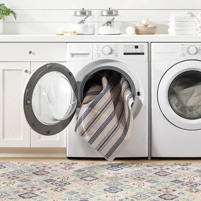 Nimes Ticking Neutral Machine Washable Rug