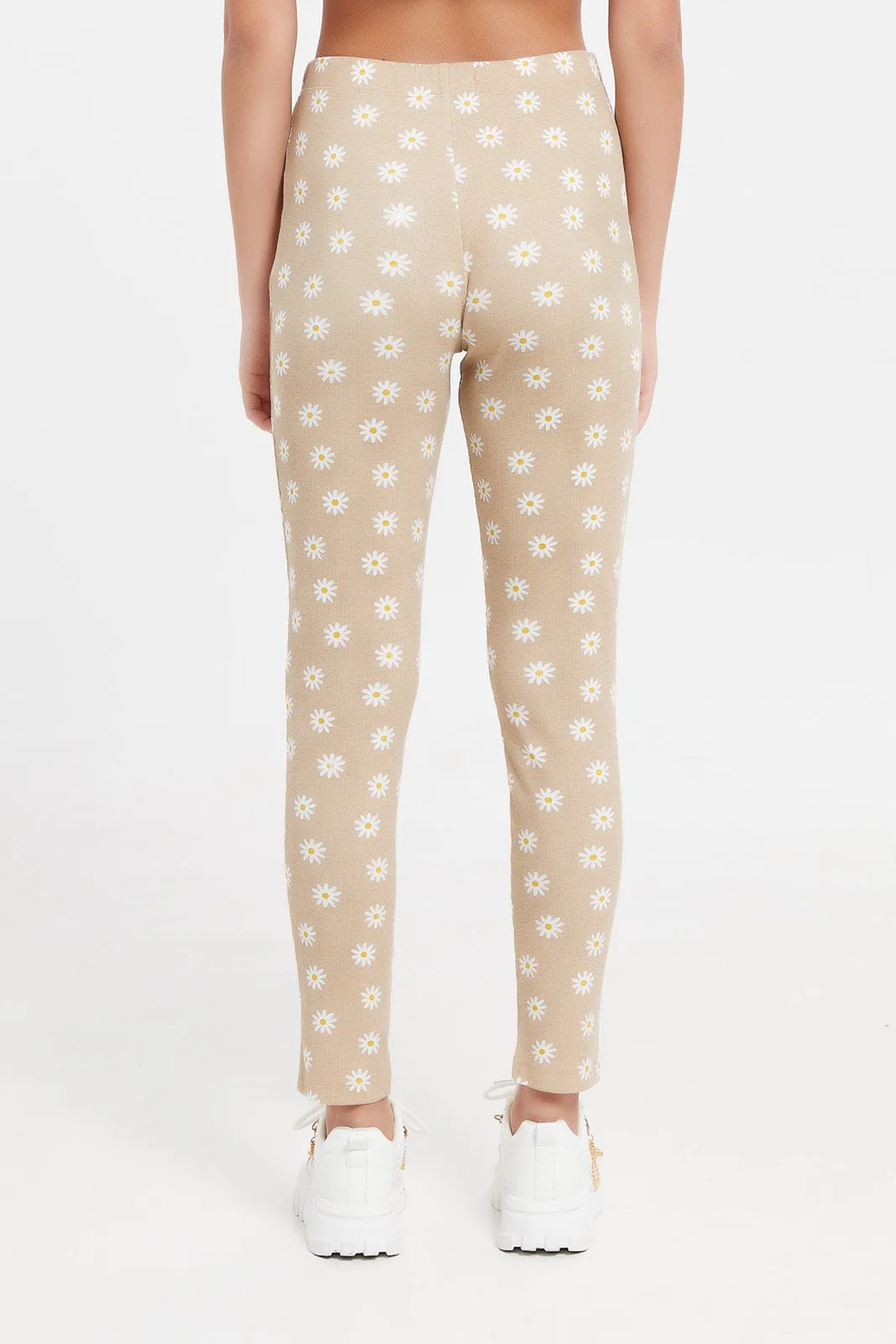 Senior Girls Beige And White Floral Rib Leggings