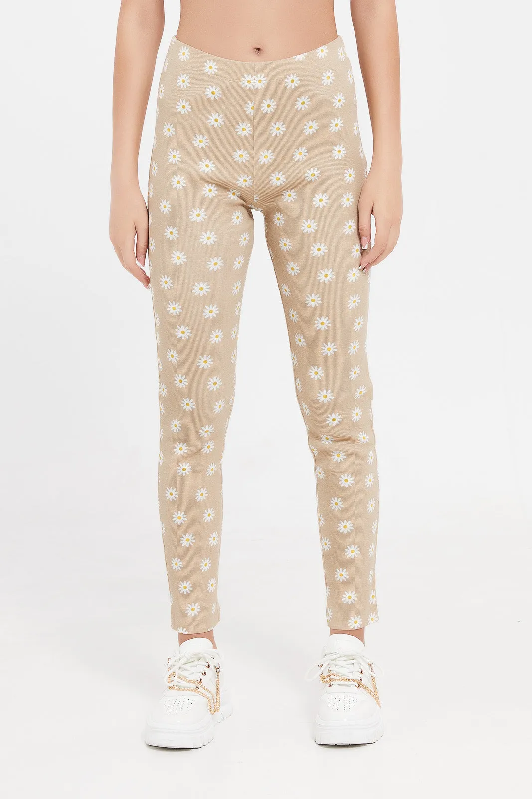 Senior Girls Beige And White Floral Rib Leggings
