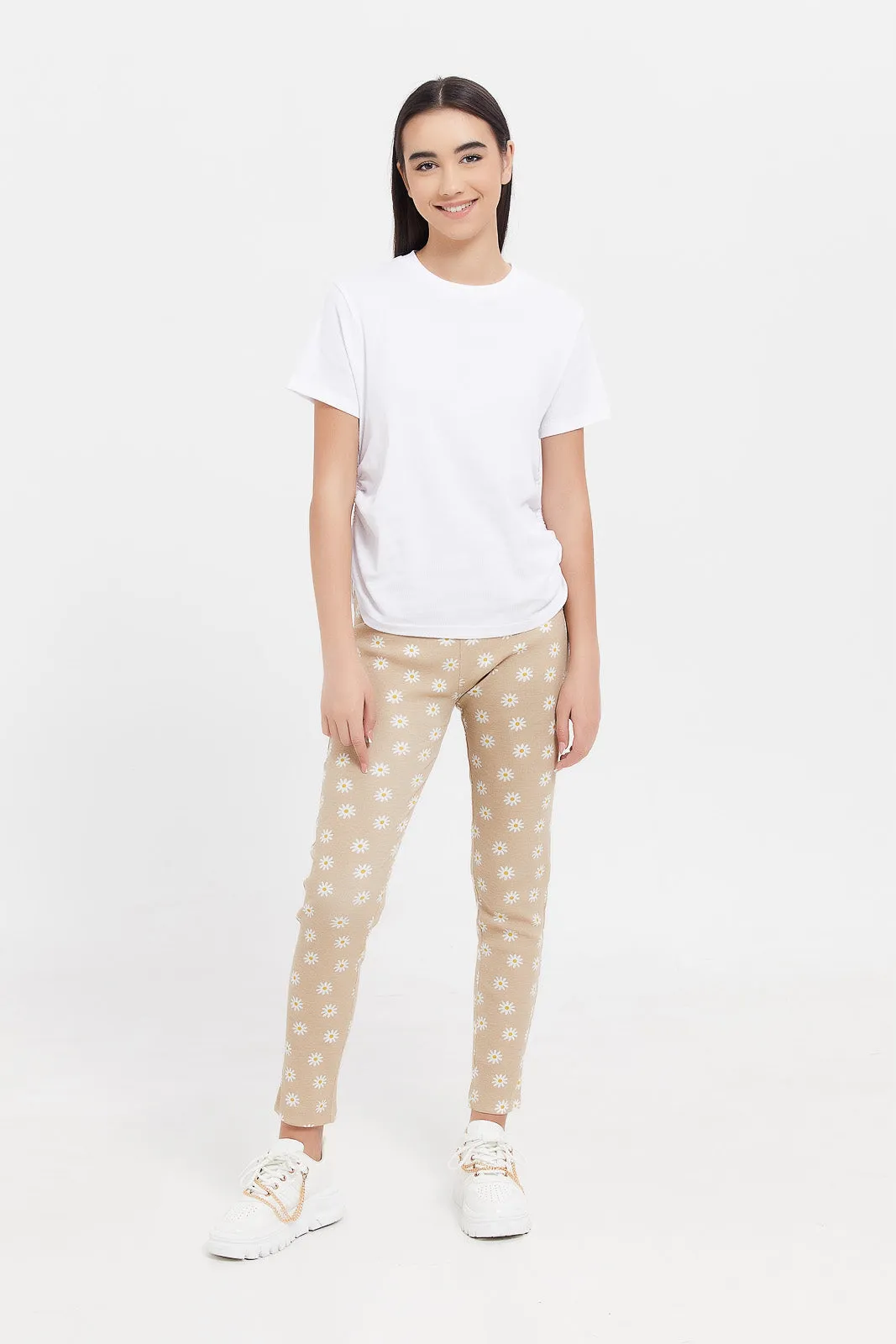 Senior Girls Beige And White Floral Rib Leggings