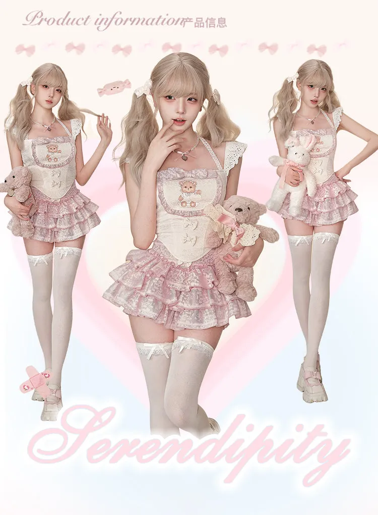 Serendipity Puff Bear Beige Vest Top   Pink Cake Skirt