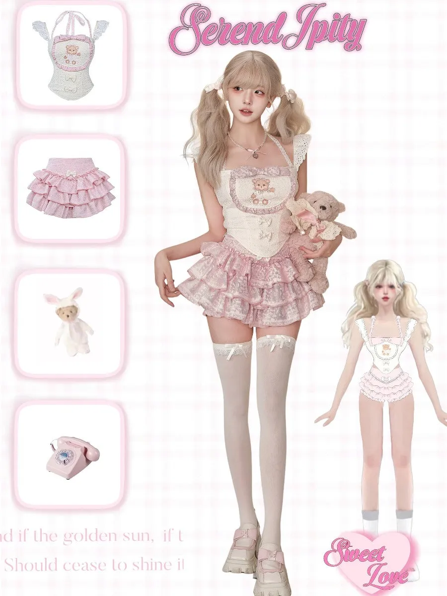 Serendipity Puff Bear Beige Vest Top   Pink Cake Skirt
