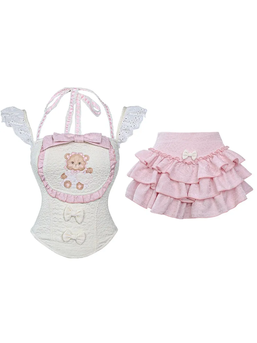 Serendipity Puff Bear Beige Vest Top   Pink Cake Skirt