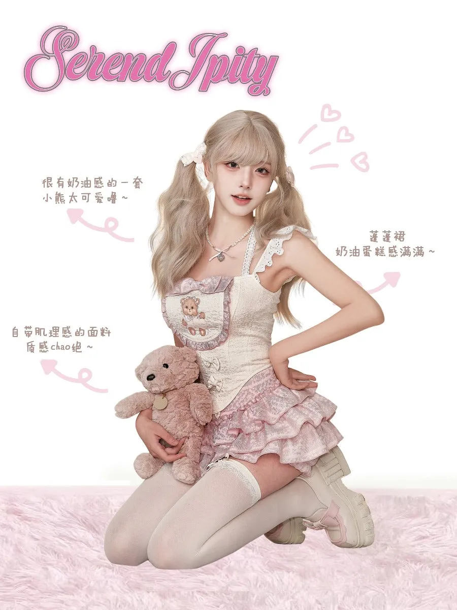 Serendipity Puff Bear Beige Vest Top   Pink Cake Skirt