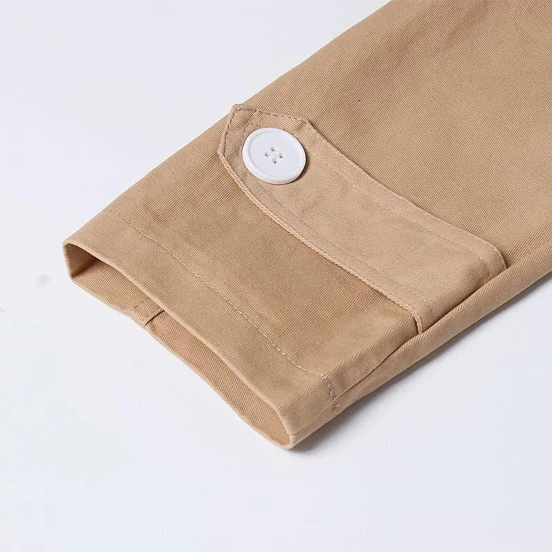 Striped stitching khaki belted waist long trench coat