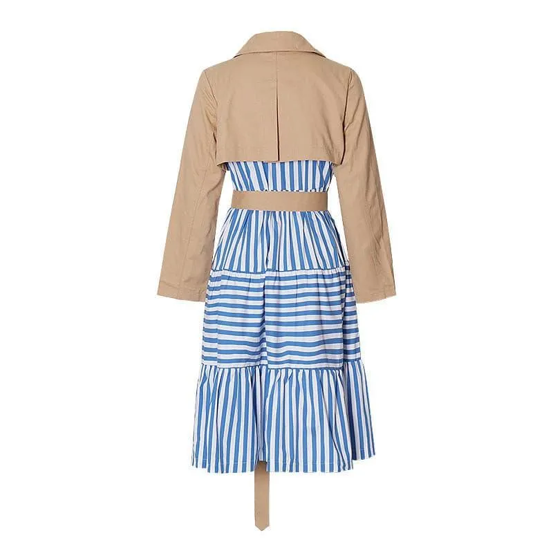 Striped stitching khaki belted waist long trench coat