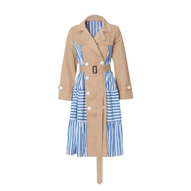 Striped stitching khaki belted waist long trench coat