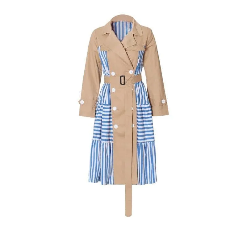 Striped stitching khaki belted waist long trench coat