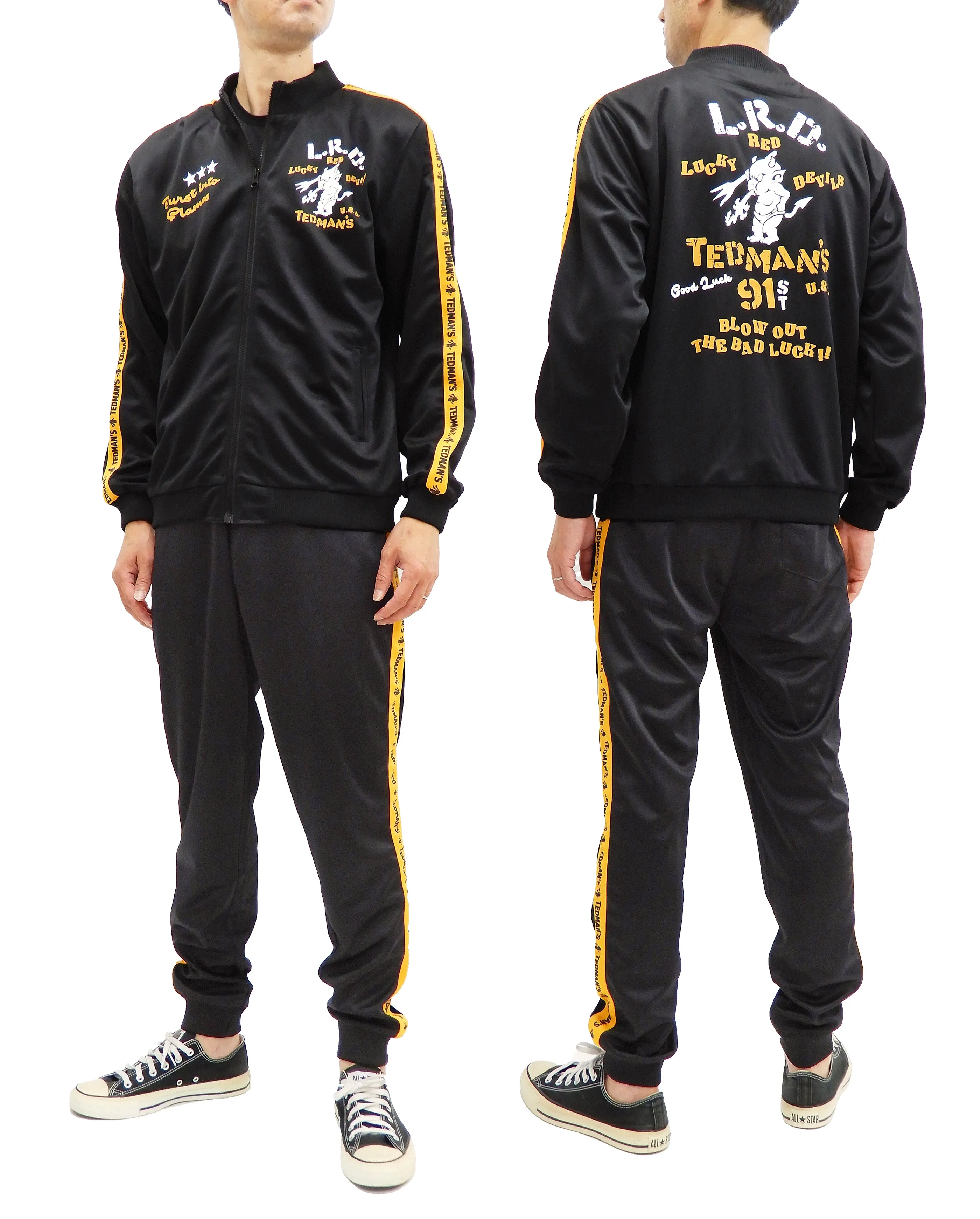 Tedman Men's Casual Tricot Tracksuit 2-piece Set with Lucky Devil Graphic TJSET-100 Black