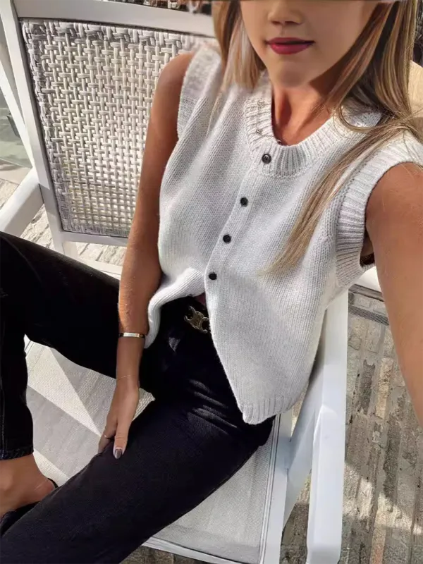 TEEK - Knitted Single-Breasted Knitted Cardigan Sleeveless Top