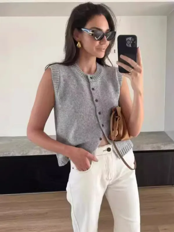 TEEK - Knitted Single-Breasted Knitted Cardigan Sleeveless Top