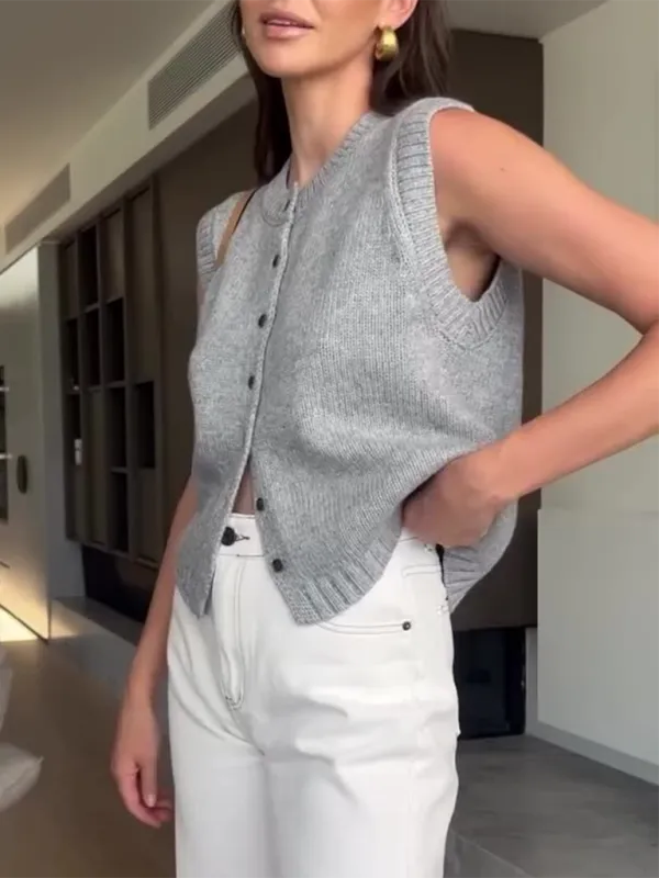 TEEK - Knitted Single-Breasted Knitted Cardigan Sleeveless Top