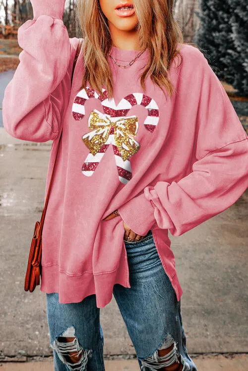 TEEK - Sequin Candy Cane Slit Sweatshirt