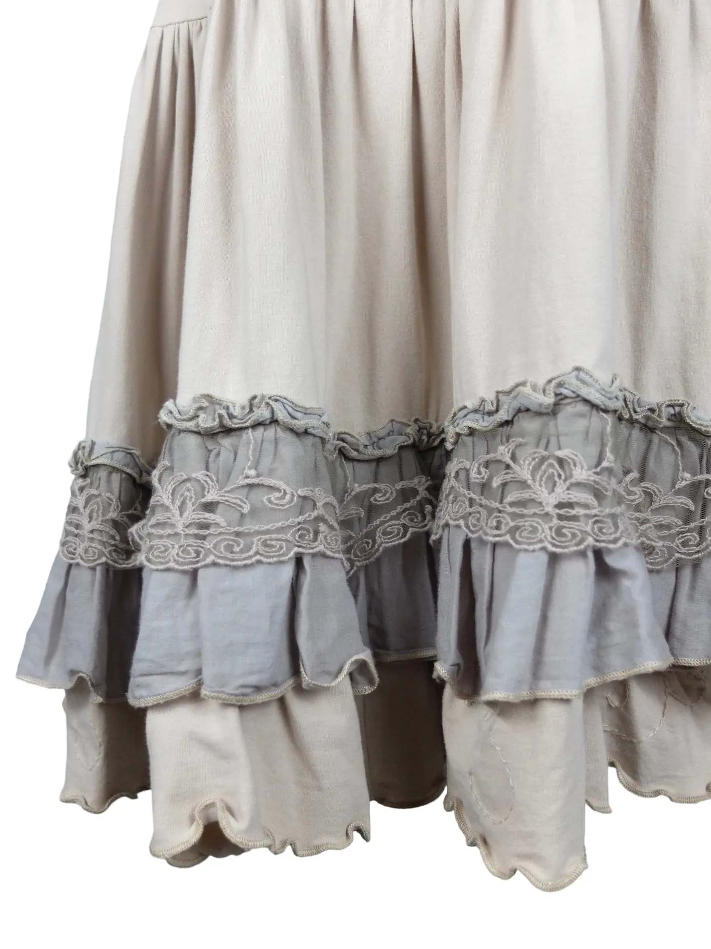 Vintage 2000s Y2K Dusty Rose Beige Ruffled Layered Midi Skirt with Elasticated Waist | 27-35 Inch Waist
