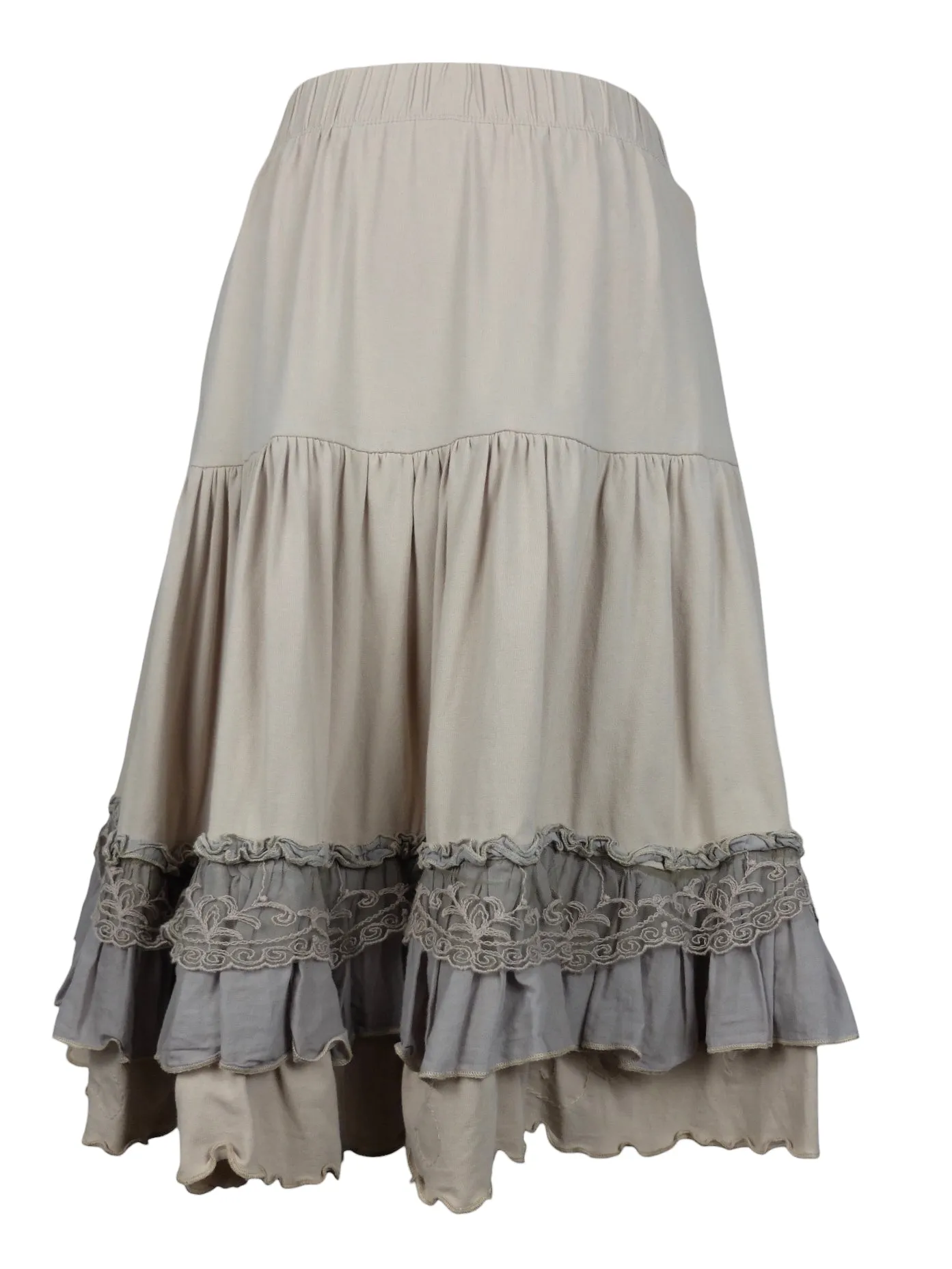 Vintage 2000s Y2K Dusty Rose Beige Ruffled Layered Midi Skirt with Elasticated Waist | 27-35 Inch Waist