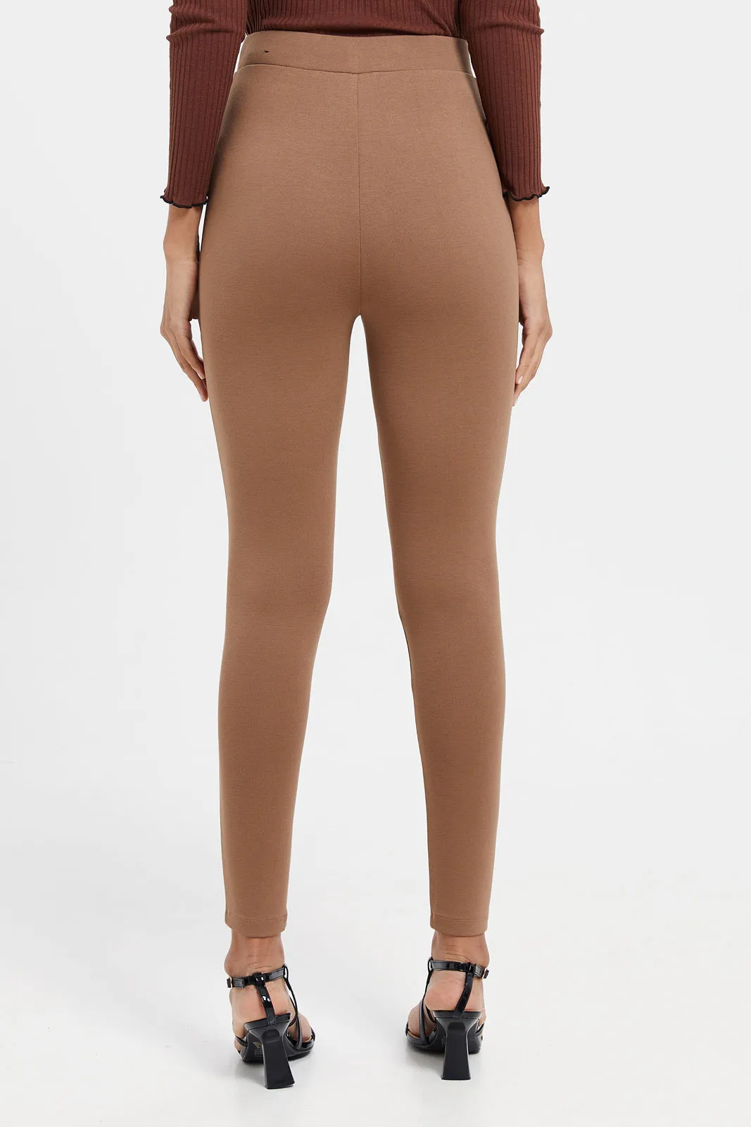 Women Beige Double Pocket Button Leggings