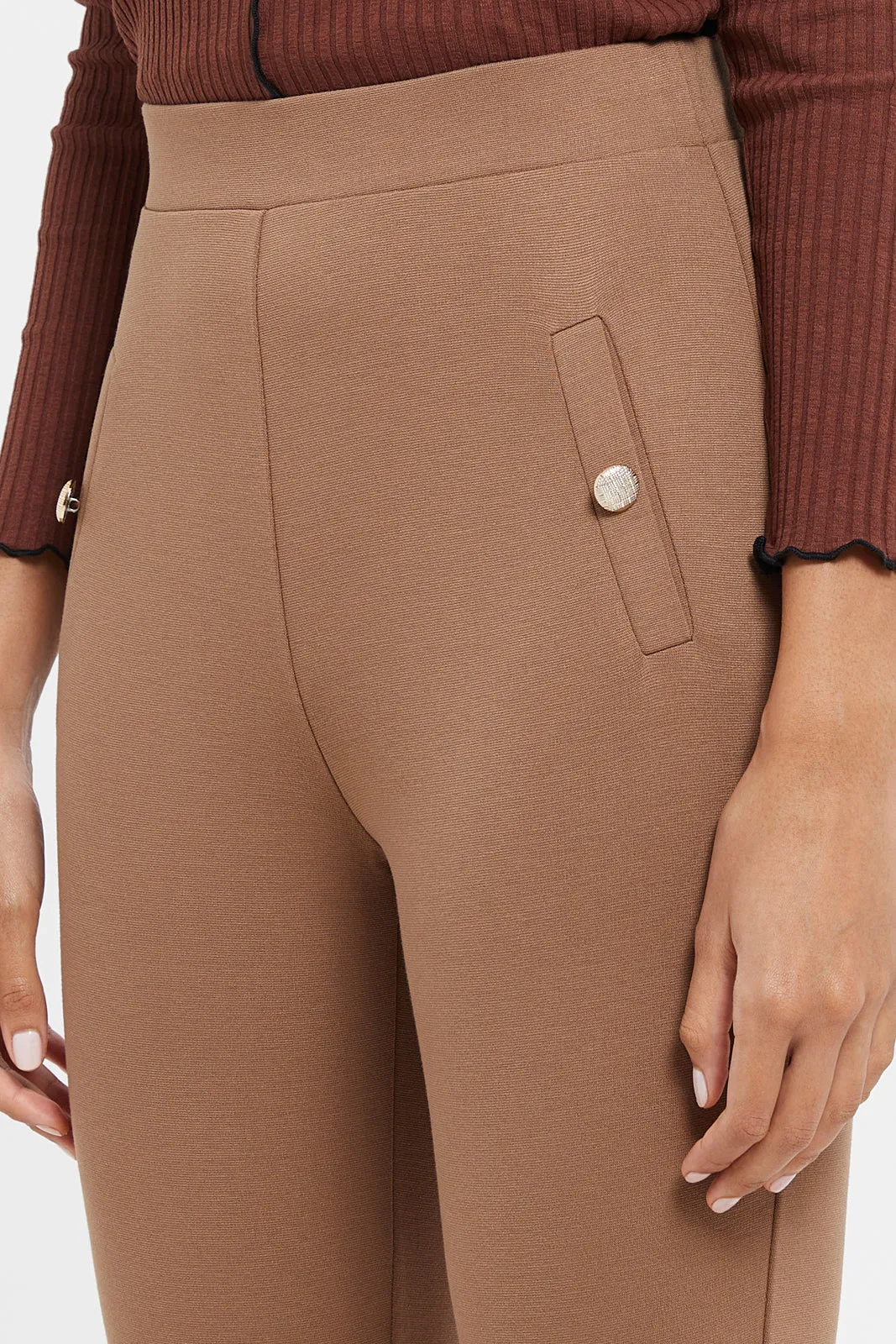 Women Beige Double Pocket Button Leggings