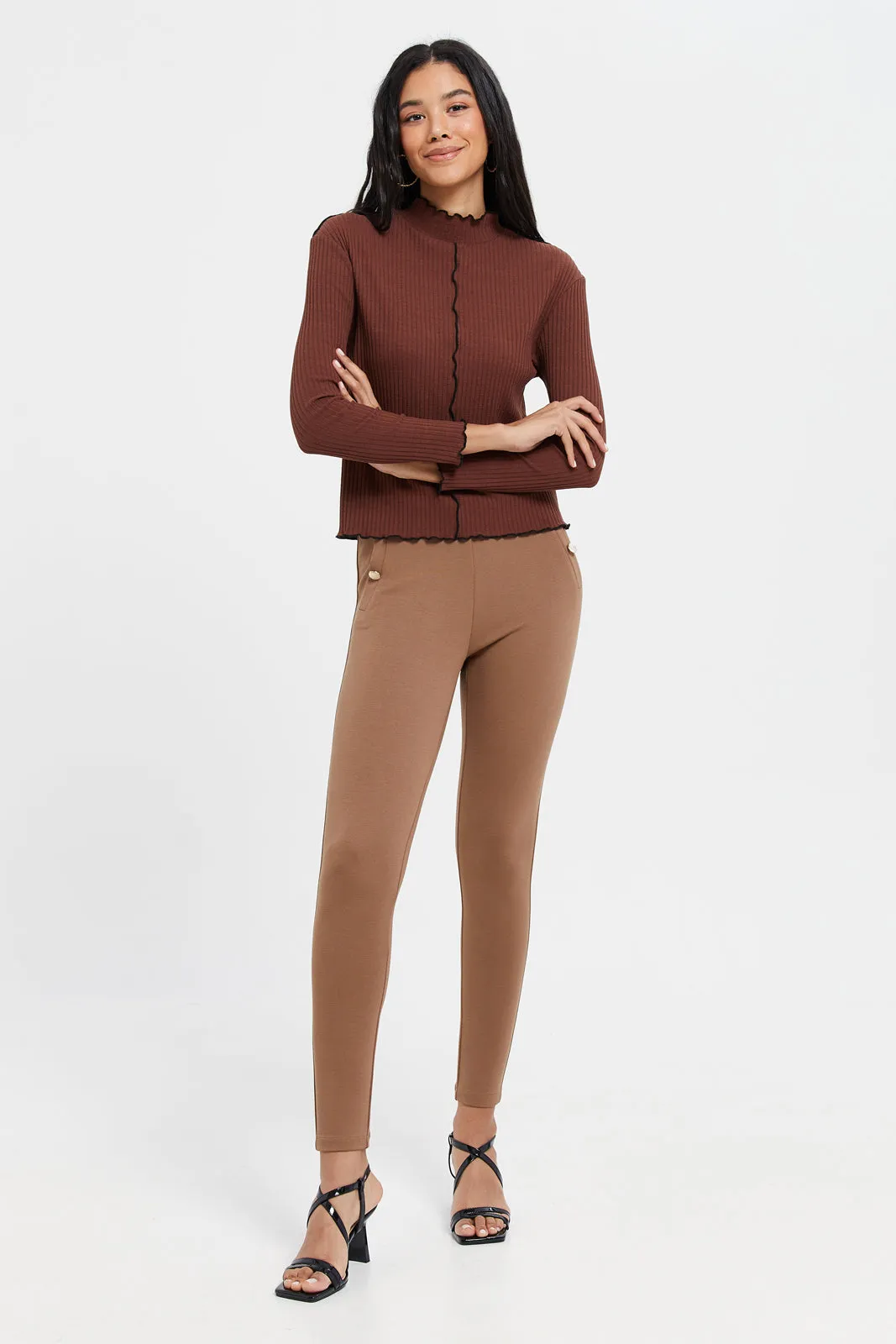 Women Beige Double Pocket Button Leggings