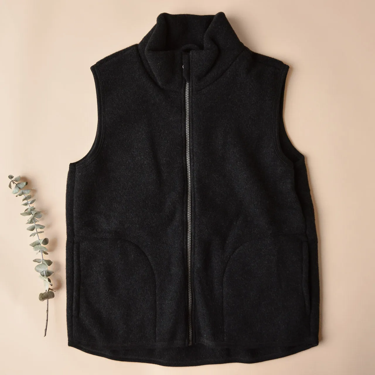 Women's Zip Vest - 100% Organic Wool Fleece - Black (XS-L) *Returning Soon